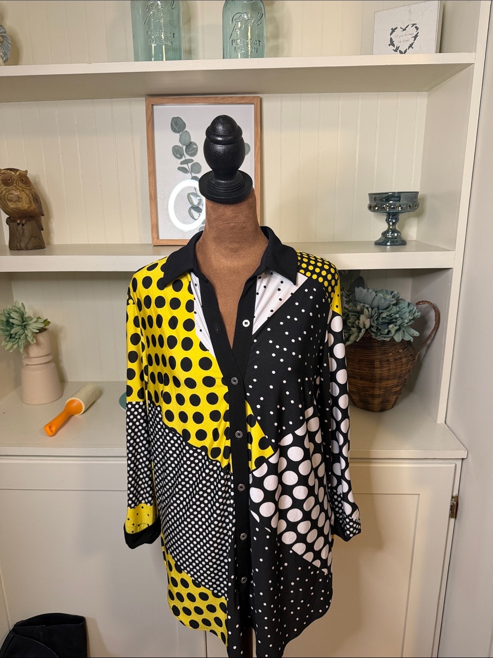 Peter Nygard Yellow, Black & White Polka Dot Top